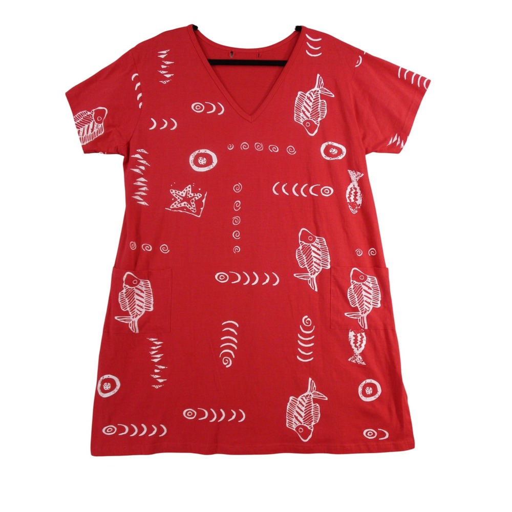 Ingear Red Cotton Fish Print V-Neck T-Shirt Dress with Pockets VTSP13